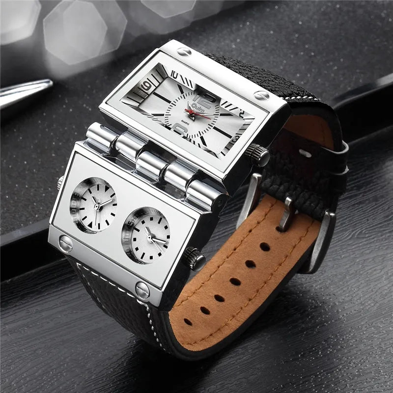 Montre surdimensionné trois fuseaux horaires multi-cadran bracelet en cuir