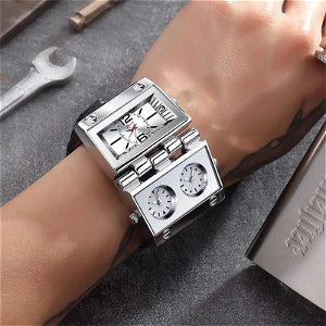 Montre surdimensionné trois fuseaux horaires multi-cadran bracelet en cuir