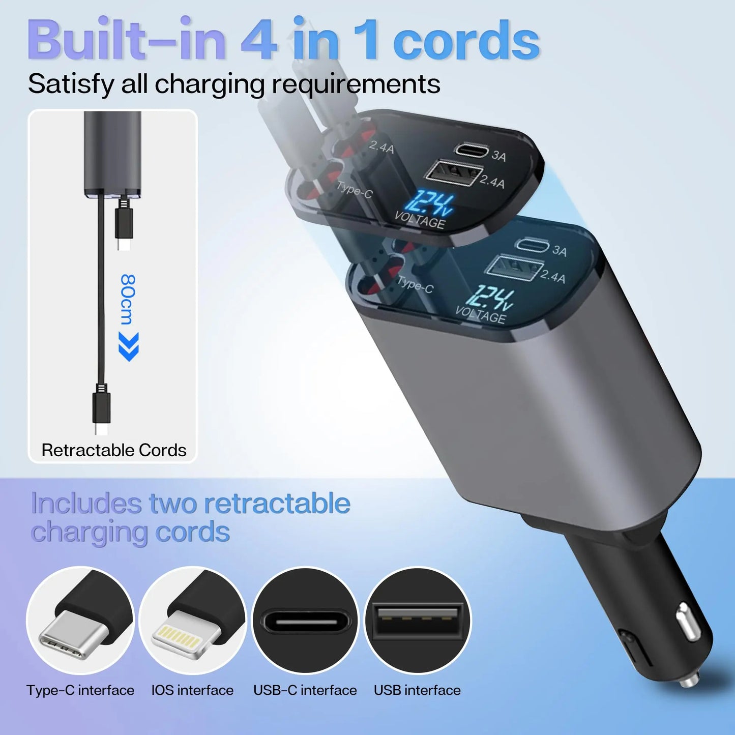 4 en 1 chargeur de voiture rétractable