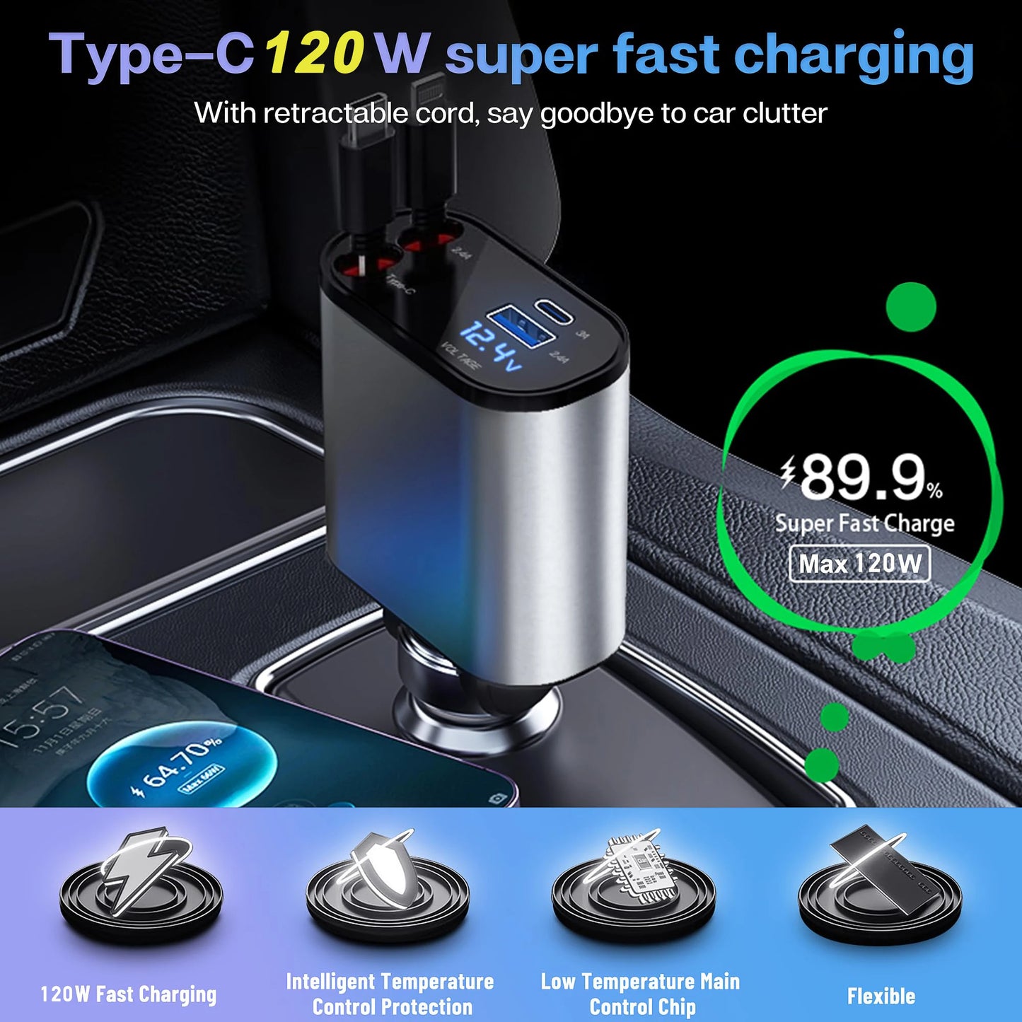 4 en 1 chargeur de voiture rétractable
