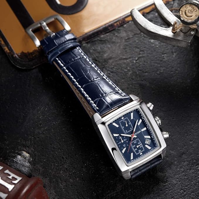 Montre à cadran rectangulaire avec bracelet en cuir
