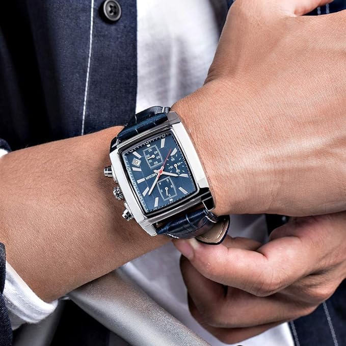 Montre à cadran rectangulaire avec bracelet en cuir