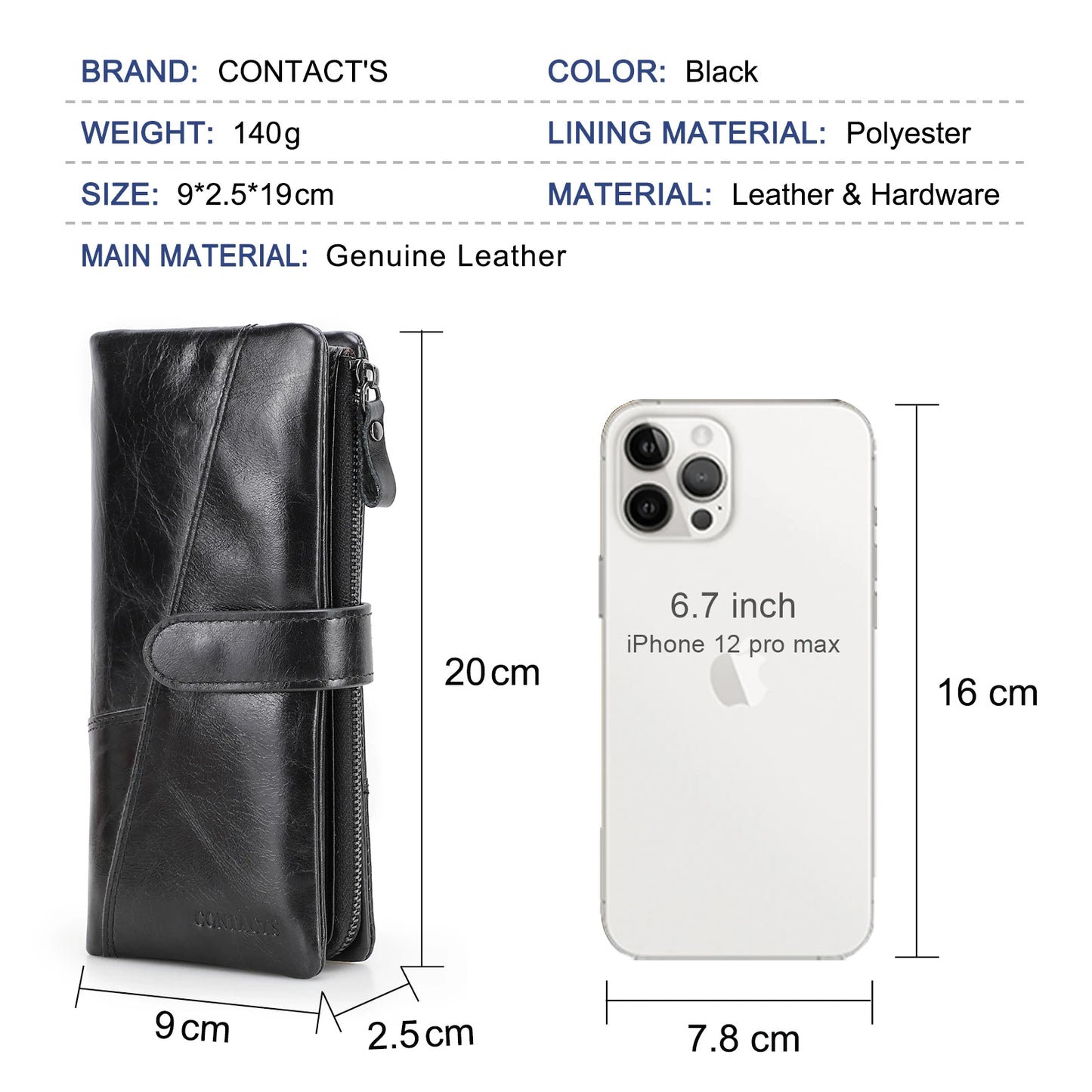 Portefeuille en cuir véritable Long avec pochette pour téléphone