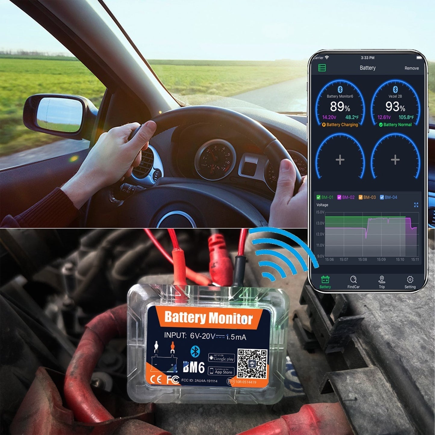 Moniteur de batterie de voiture Bluetooth sans fil