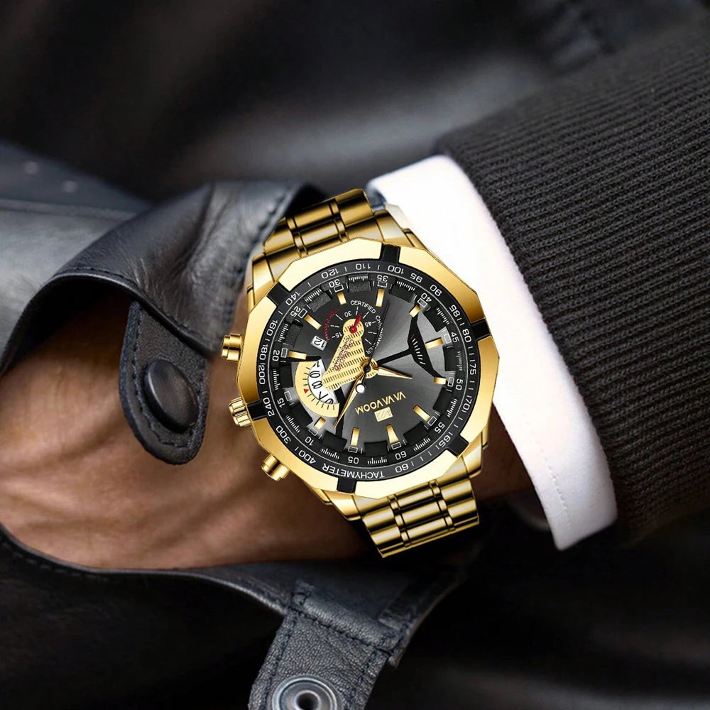 Montre à quartz avec calendrier de luxe doré