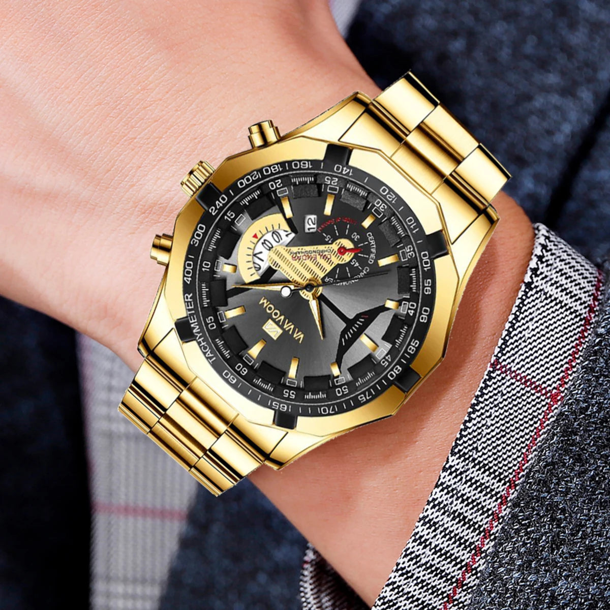 Montre à quartz avec calendrier de luxe doré