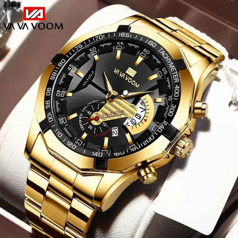 Montre à quartz avec calendrier de luxe doré