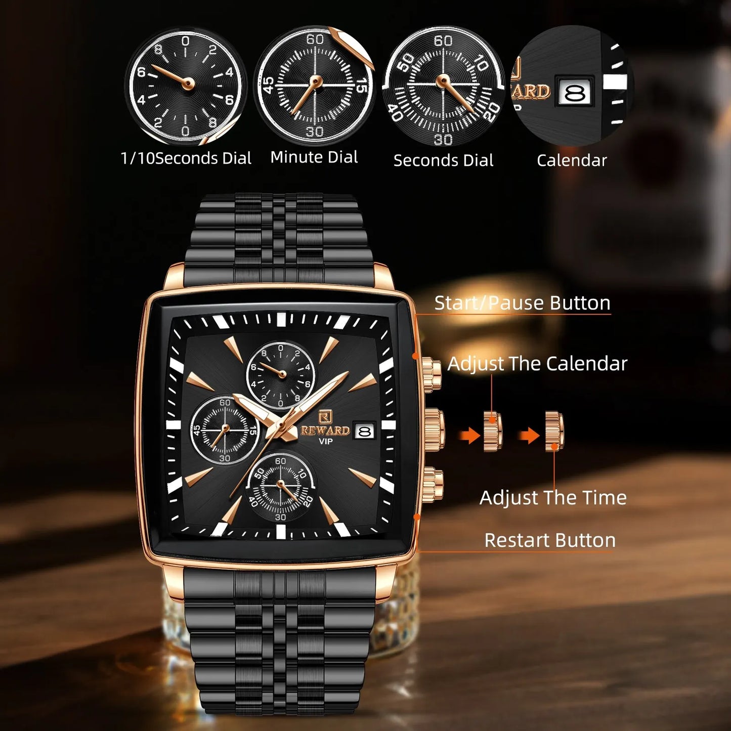 Montres Étanche Lumineux Chronographe Reward VIP