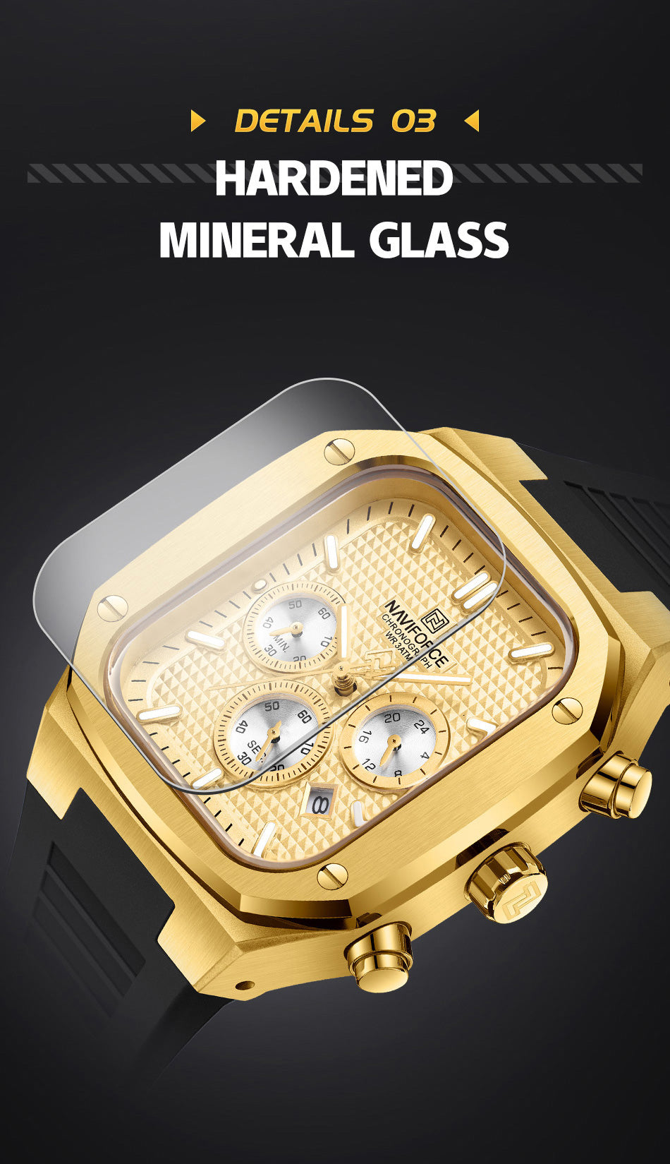 Montre-bracelet carrée dorée étanche