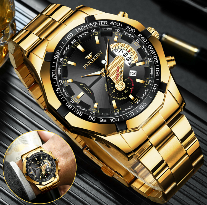 Montre à quartz avec calendrier de luxe doré