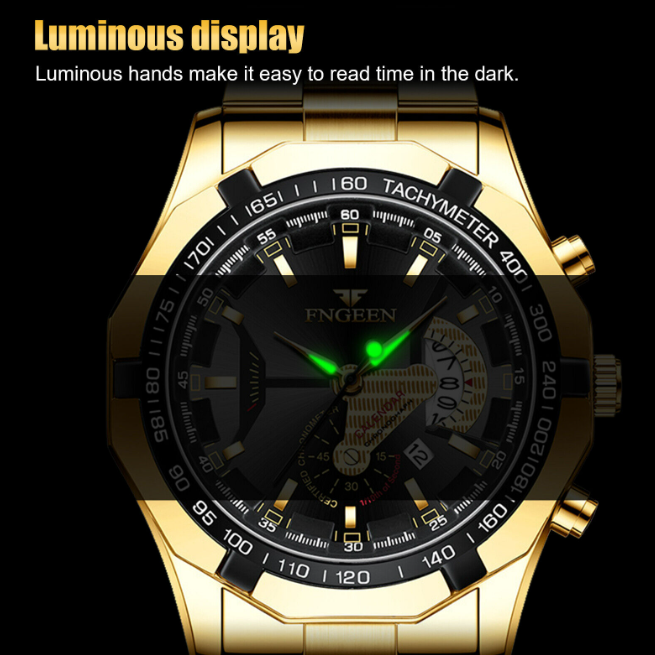 Montre à quartz avec calendrier de luxe doré
