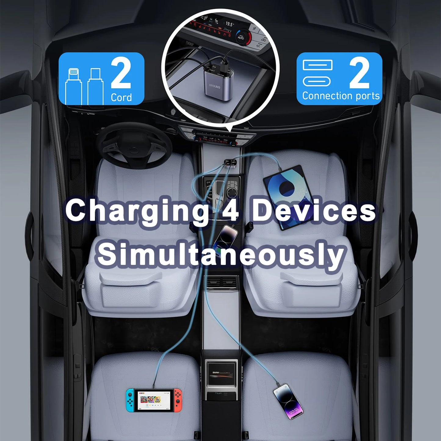 4 en 1 chargeur de voiture rétractable