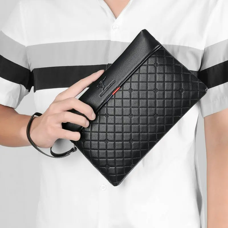 Sac à main en cuir PU souple à carreaux pour hommes