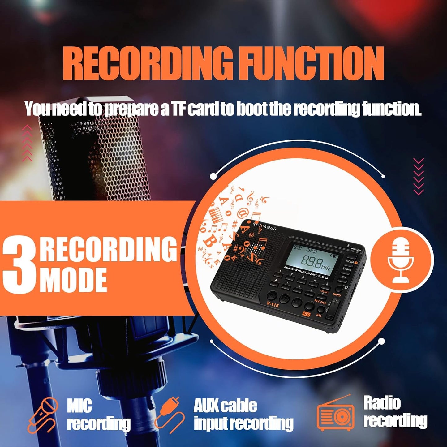 Radio toutes bandes FM AM SW MP3 Enregistreur numérique rechargeable