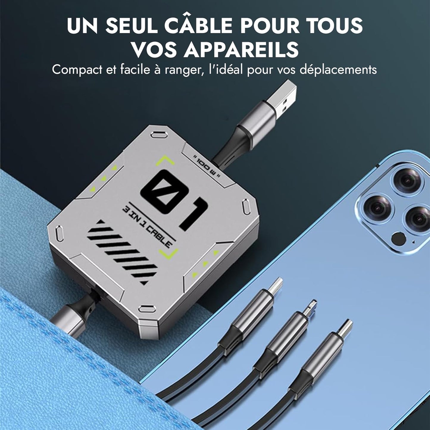 3 en 1 câble de charge rapide adapté pour tous les téléphones