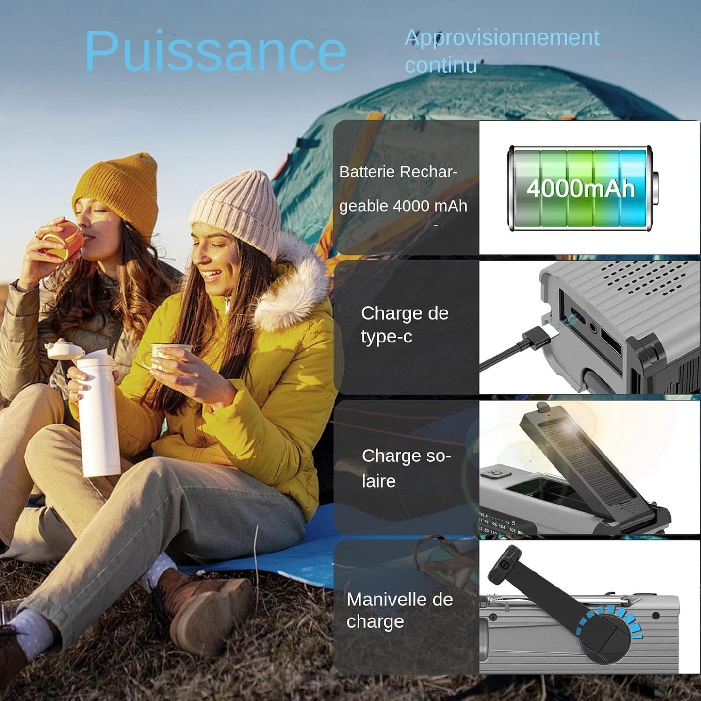 Radio solaire rechargeable avec lumière LED