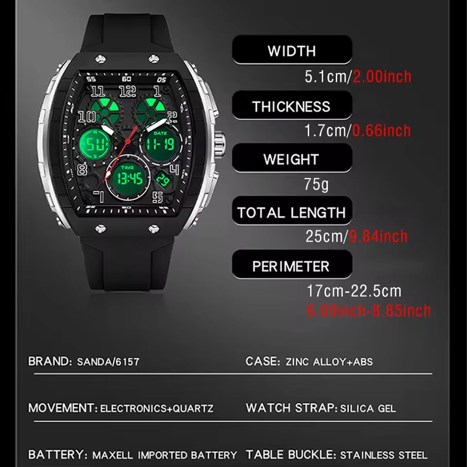 Montre numérique à cadran tonneau pour hommes