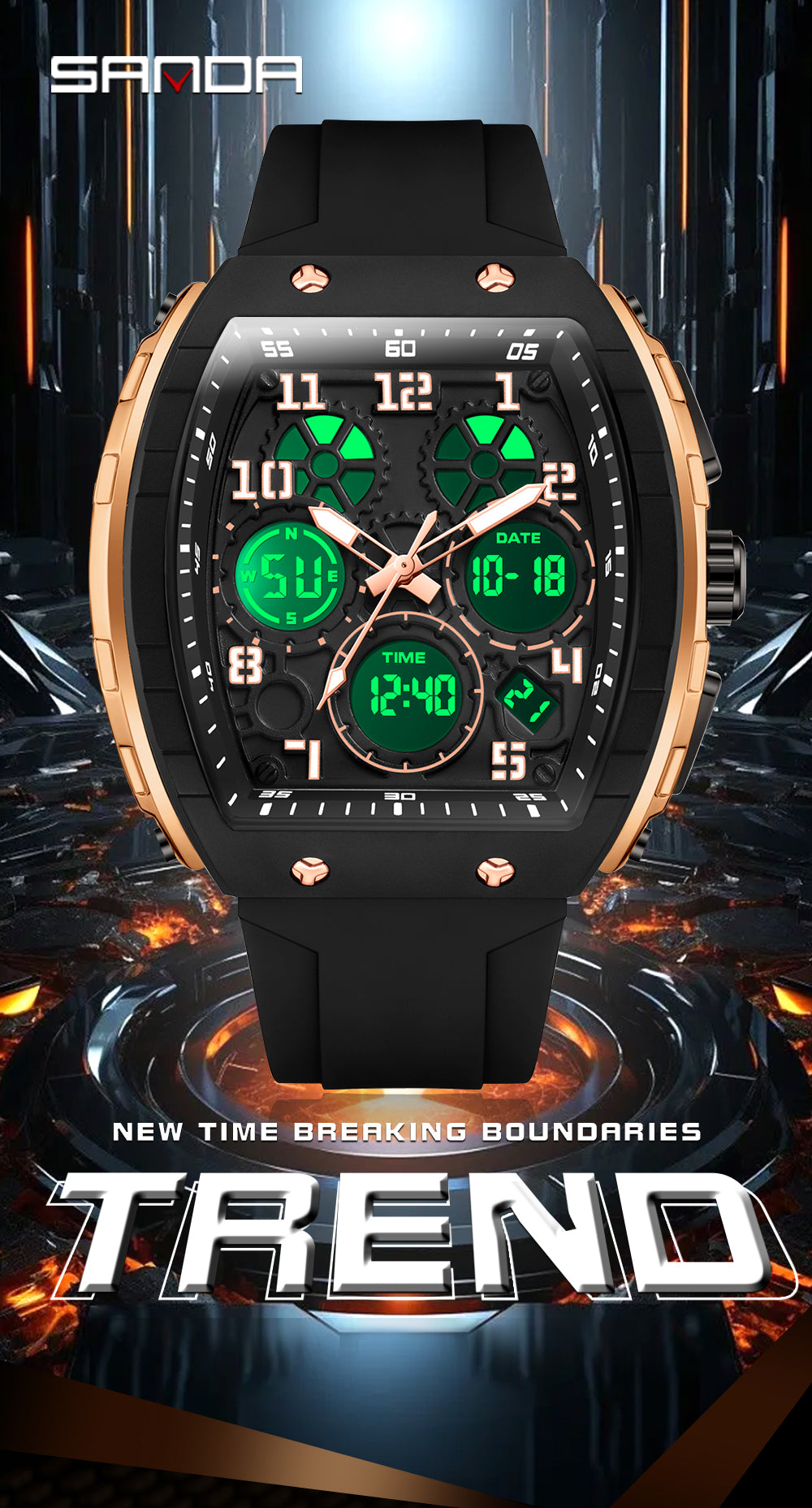 Montre numérique à cadran tonneau pour hommes