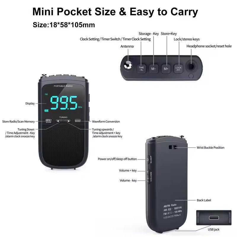 Mini radio AMFM portable avec réveil, récepteur de poche