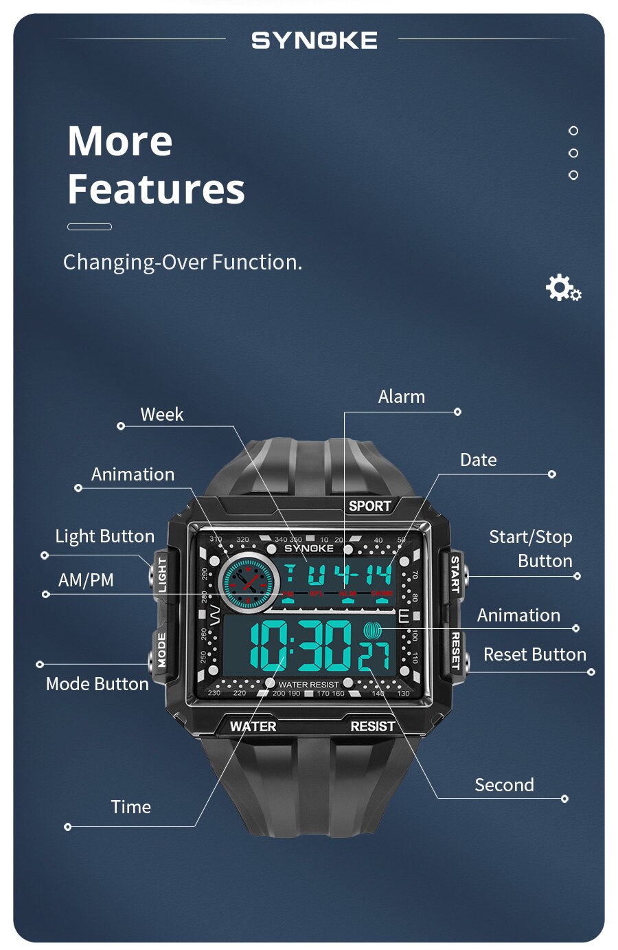 Montre numérique grand écran pour hommes