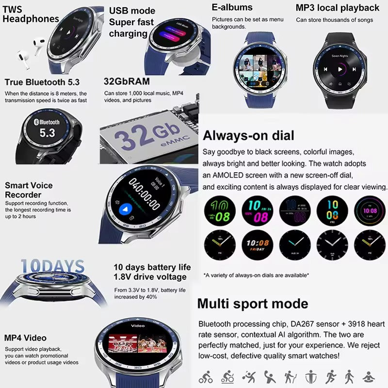 Montre intelligente avec écran rond pour Homme