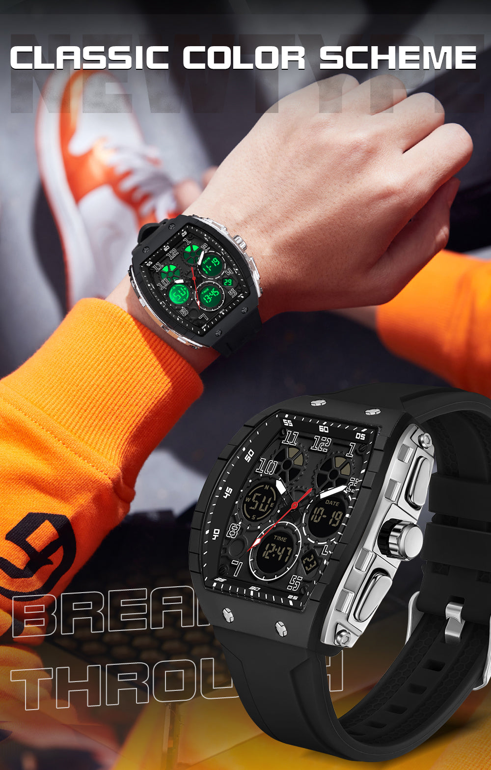 Montre numérique à cadran tonneau pour hommes