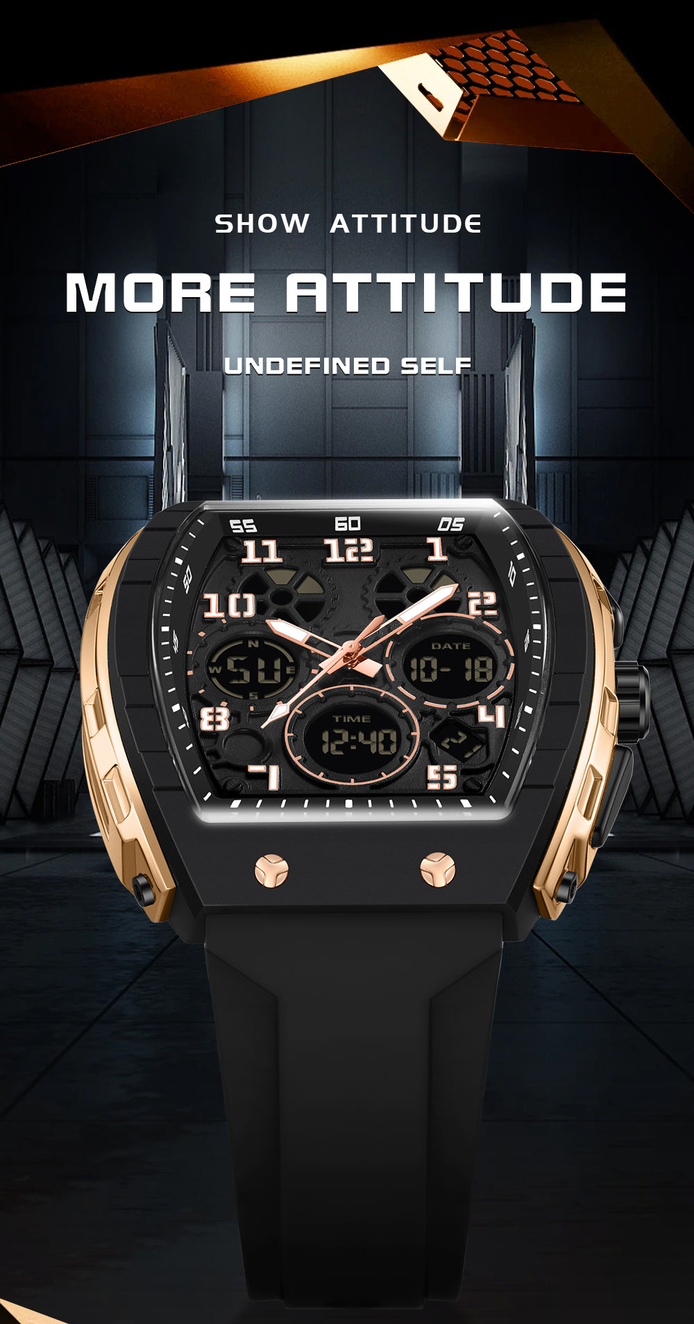 Montre numérique à cadran tonneau pour hommes