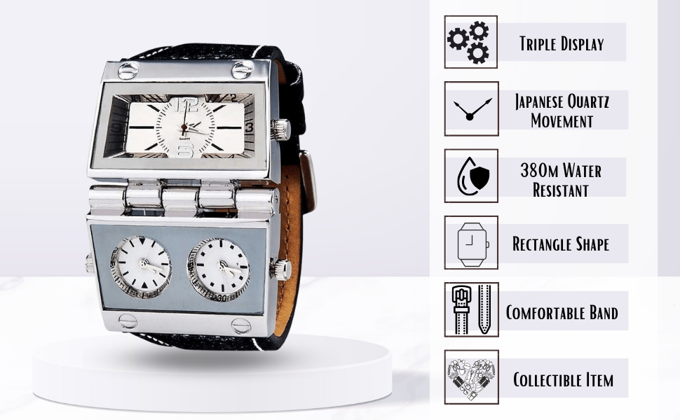 Montre surdimensionné trois fuseaux horaires multi-cadran bracelet en cuir