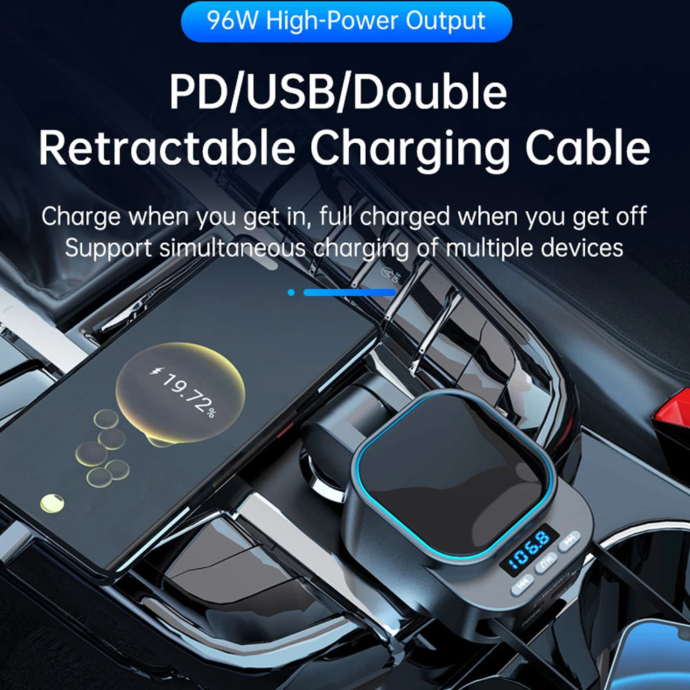 Chargeur Voiture FM Bluetooth avec 2 Câbles Rétractables