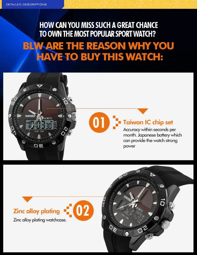 Montre Numérique à énergie solaire pour hommes