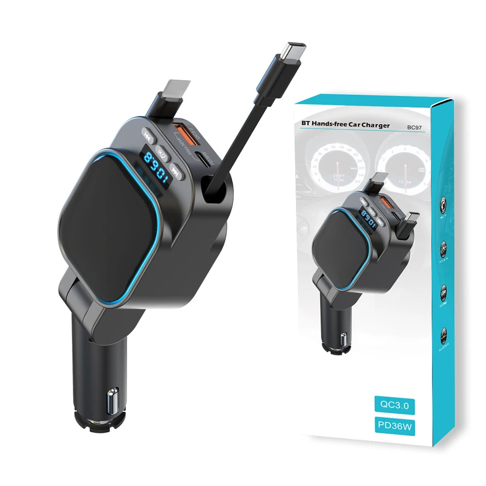 Chargeur Voiture FM Bluetooth avec 2 Câbles Rétractables