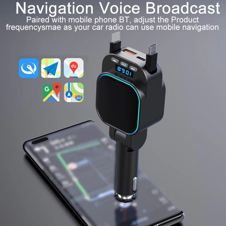 Chargeur Voiture FM Bluetooth avec 2 Câbles Rétractables