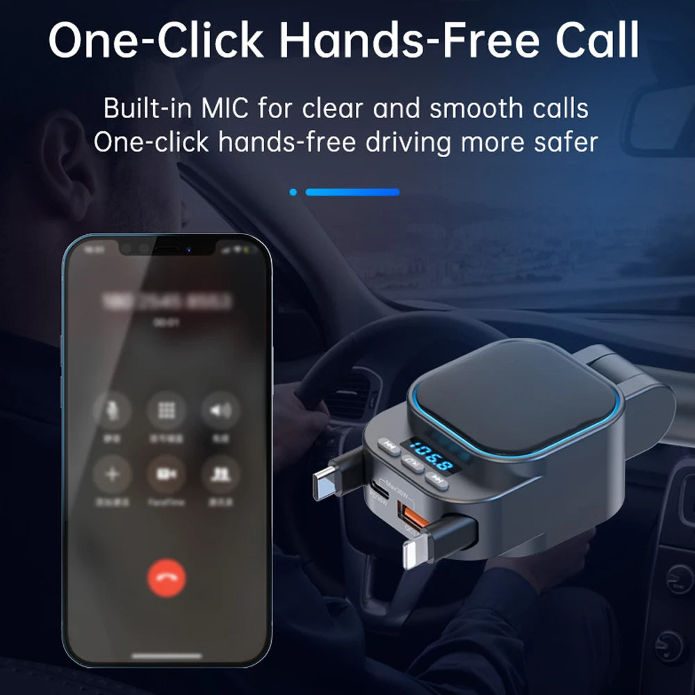 Chargeur Voiture FM Bluetooth avec 2 Câbles Rétractables