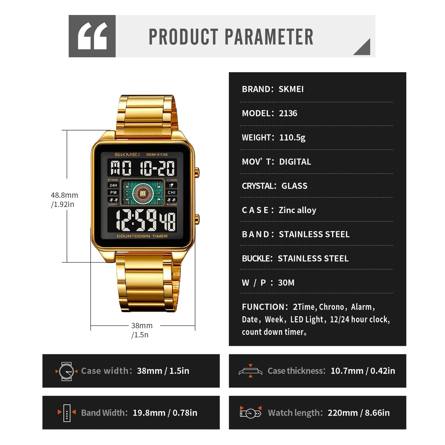 Montre électronique éclairage élégant pour hommes