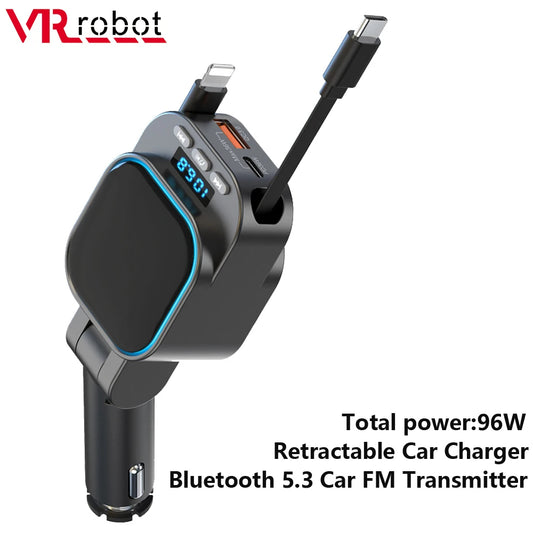 Chargeur Voiture FM Bluetooth avec 2 Câbles Rétractables